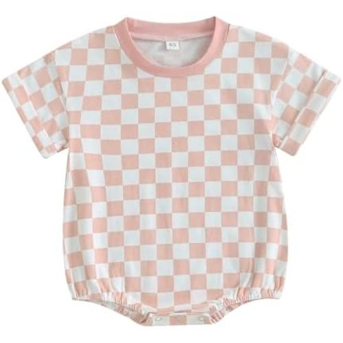 Karuedoo Newborn Baby Boy Girl Clothes Checkered T-Shirt Bubble Romper Oversized Short Sleeve Onesie One-Piece Summer Outfit
