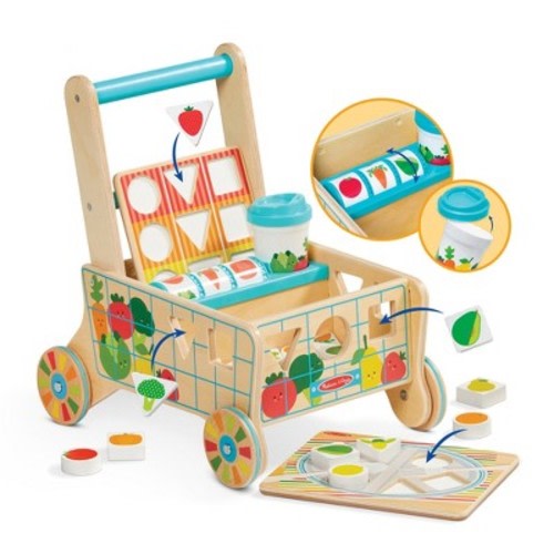 Melissa & Doug Wooden Shape Sorting Grocery Cart Push Toy and Puzzles