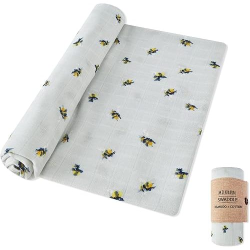 Milkbarn Baby Swaddle Blanket, Rayon from Bamboo Muslin Swaddles for Newborn Girls & Boys, Breathable Infant Swaddles Wrap, Shower & Registry Choice, Newborn Essentials, Bee