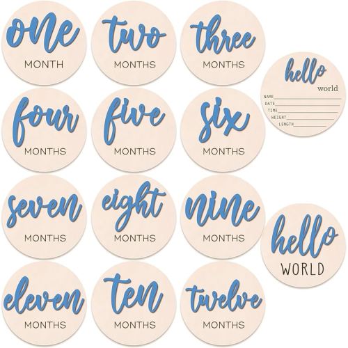 7 PCS Baby Monthly Milestone Wooden Signs 3D Girl Baby 1-12 Months Announcement Card Sign Wood Markers Disc Block Baby Keepsake Double Sided Engraved Keepsake Photo Prop (Dark Blue)