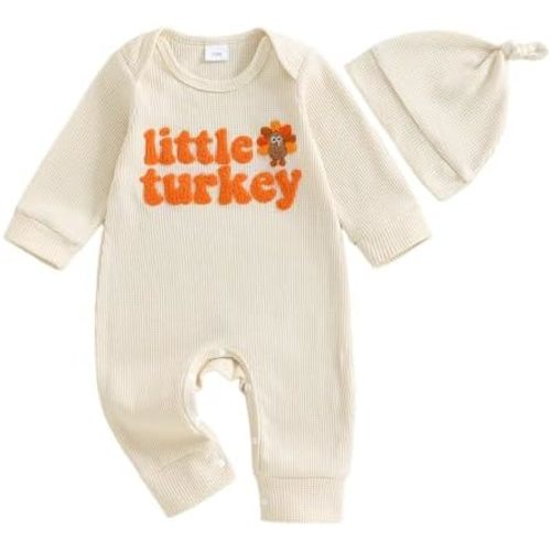 Newborn Baby Boy Thanksgiving Outfit Little Turkey Embroidery Romper Waffle Knit Long Sleeve Jumpsuit Bodysuit Hat Set