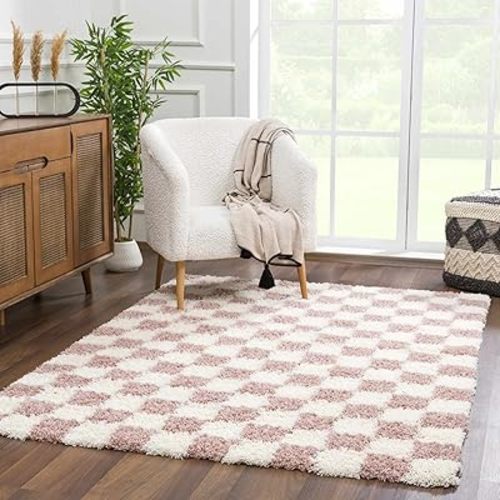 Hauteloom Atira Contemporary Checkered Fluffy Shag Area Rug - Modern Geometric Carpet Tiles for Living Room, Kids Room, Nursery - Plush Pile - Pink, Cream, White - 7'10" x 10'3"