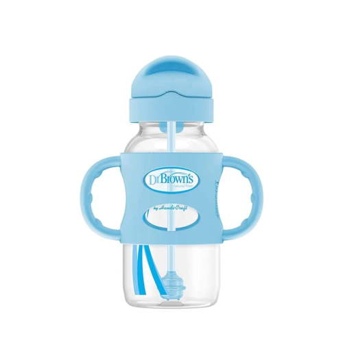 Dr. Brown's Sippy Straw Bottle with 100% Silicone Handles, 9oz/270ml, Wide-Neck, Blue, 6m+