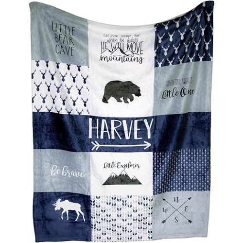 Blue Woodland Personalized Baby Blanket for Boys - Custom Baby Blankets For Boys - Deer Baby Blanket- Woodland Nursery Décor - Baby Blankets For Boys Personalized (Blue Woodland)