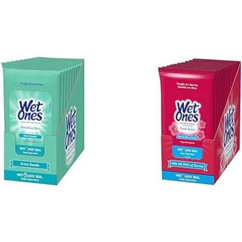 Wet Ones Hand Wipes for Sensitive Skin (10 pack) and Antibacterial Hand Wipes (10 pack)