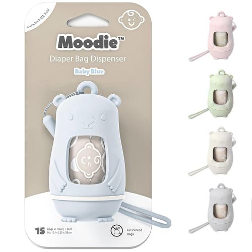 Teddy Bear Diaper Bag Dispenser | Diaper Trash Bags on the Go Dispenser w/Silicon Strap | 15 UNSCENTED Baby Poop Bags per Roll | Dirty Diaper Bags Disposable | Diaper Waste Bags (BLUE)