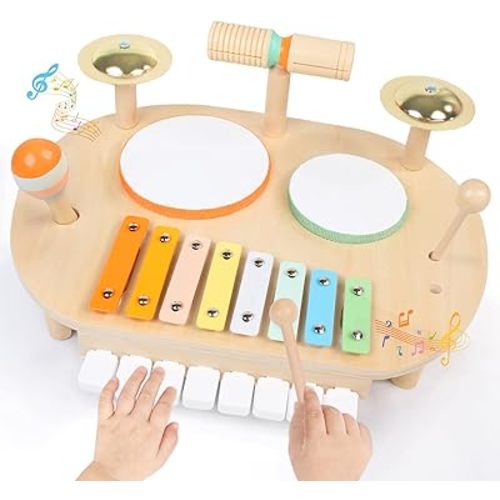 YHHYTOY Baby Drum Set, Wooden Baby Musical Instruments for Toddlers 1-3, Musical Activity Table Percussion Set with Xylophone Cymbal Piano, Montessori Christmas Preschool Birthday Gifts for Kids