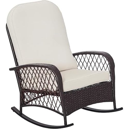 Outsunny Outdoor Wicker Rocking Chair with Wide Seat, Thickened Cushion, Rattan Rocker with Steel Frame for Patio, Garden, Backyard, Cream White