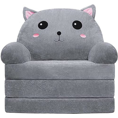 Toddler Chair Kids Sofa - Toddler Sofa Kids Couch Fold Out, 2 in 1 Flip Out Couch and Mini Sofa for Girls and Boys, Baby Couch for 1-4 Year Olds - Cute and Comfy Baby Sofa (Gray Cat)