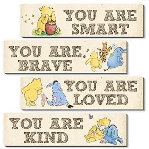 BirtDerr Winnie Room Decor- the Pooh Sign-Wooden Baby Stuff-Vintage Nursery Decor-4PCS Wall Decor Wall Art(Classic)-You Are Kind Brave