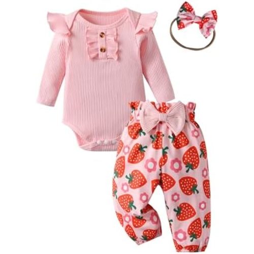 Morerich 3Pcs Newborn Baby Girls Clothes Outfits Infant Kids Long Sleeves Ruffle Top Strawberry Pants Bow Headband Set