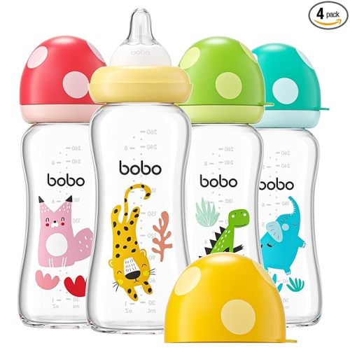 YOHKOH Natural Glass Baby Bottle with Level 2 Medium Flow Nipple, Newborn Anti-Colic Baby Bottles, Wide Neck Mushroom Baby Glass Bottle (8.8ounce (Pack of 4), Multicolour2)