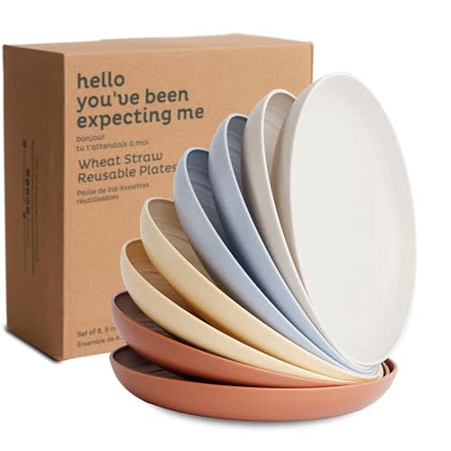 Nook Theory Reusable Wheat Straw Plates 8 Pcs - Non Toxic Kids and Toddler Plate, Microwavable, Dishwasher Safe and Unbreakable Dinnerware (Mellow 9")