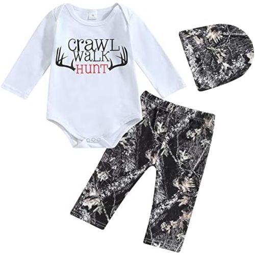 Newborn Baby Boys Hunting Clothes Set Long Sleeve Letters Deer Romper Bodysuit Pants Hat Outfit