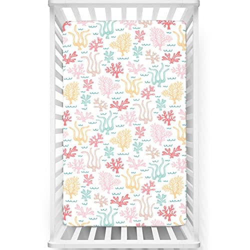 Under The Sea Themed Fitted Crib Sheet,Standard Crib Mattress Fitted Sheet Soft & Stretchy Fitted Crib Sheet-Crib Mattress Sheet or Toddler Bed Sheet,28“ x52“,White and Multicolor
