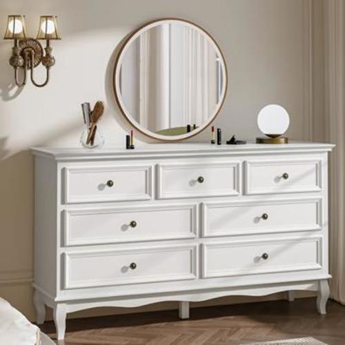 RoyalCraft White 7 Drawer Dresser for Bedroom, Modern Chest of Drawers with Solid Wood Legs and Painted Finish, Wooden Storage Closet Cabinet Organize