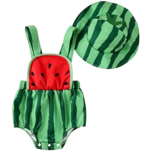 Baby Girl Boy Fruit Romper Summer Clothes Watermelon/Pineapple Square Neck Sleeveless Onesie Overalls with Hat 2 Piece