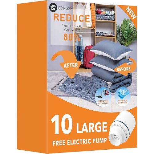 10 Large Vacuum Storage Bags with Electric Pump, Plastic Packaging Bags,Space Saver Bag for Clothes, Mattress, Blanket, Duvets, Pillows, Comforters, Travel
