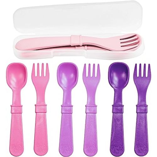 Amazon.com: Re Play Made in USA Toddler Forks and Spoons, Pack of 8 With Carrying Case - 4 Kids Forks with Rounded Tips and 4 Deep Scoop Toddler Spoons - 0.2" Thick Toddler Utensils with Case, Princess : Baby