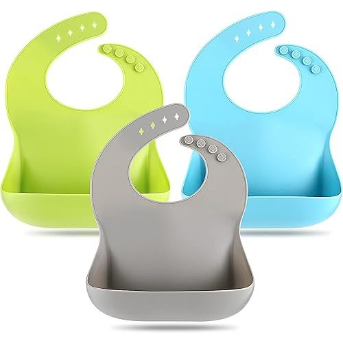 Silicone Bibs for Babies & Toddlers Set of 3, Silicone Baby Bibs for Boy and Girl, Adjustable Soft Waterproof Bibs