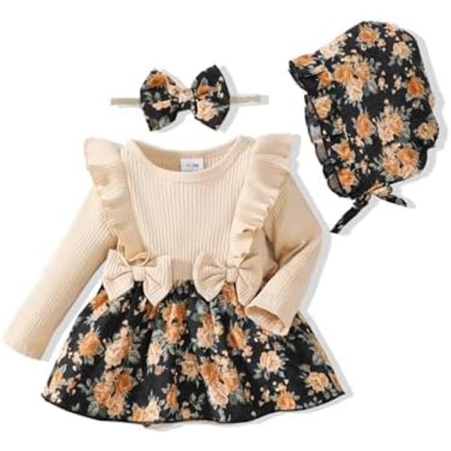 Renotemy Newborn Baby Girl Clothes Infant Girl Outfits Knit Romper Dress with Hat Baby Clothes for Girls 0-18 Months