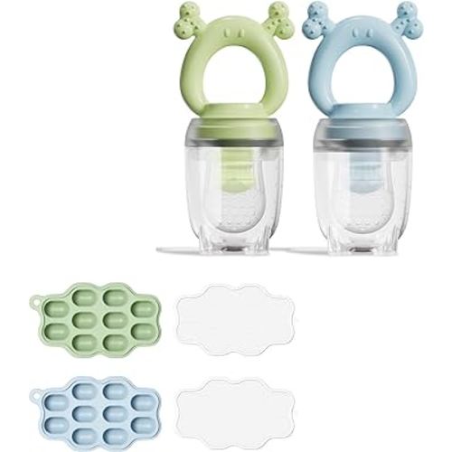 Baby Food Freezer Tray with Lid 2 Pack + 2 Pack Silicone Baby Fruit Feeder (Bundle)