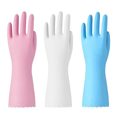 Bamllum Rubber Cleaning Gloves - 3 Pairs Latex Free Kitchen Cleaning Gloves with Cotton Liner- Household Dishwashing Gloves, Non- Slip Waterproof (Medium, Blue+Pink+White)