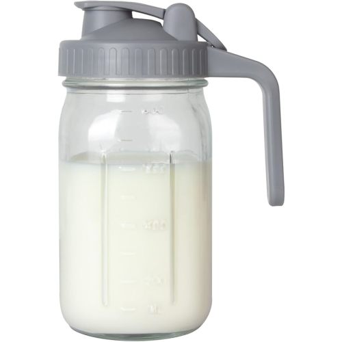 Breast Milk Pitcher, Mason Jar 32 oz, Heavy Duty Wide Mouth Jar with Flip Cap Lid and Pour Spout - Airtight Seal for Freshness and Convenience - Great for Cold Beverages, and Home Entertaining