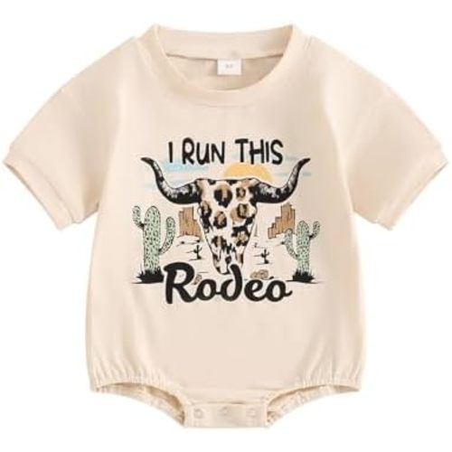 Newborn Baby Boy Western Romper Bull Head Print Playsuit Short Sleeve Round Neck Casual Outfit Summer Clothes