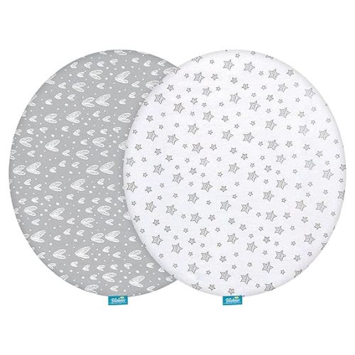 Bassinet Sheets Compatible with Fisher-Price On-The-Go Baby Dome, 2 Pack, 100% Jersey Knit Cotton Fitted Sheets, Breathable and Heavenly Soft, Grey Hearts and White Stars Print for Baby