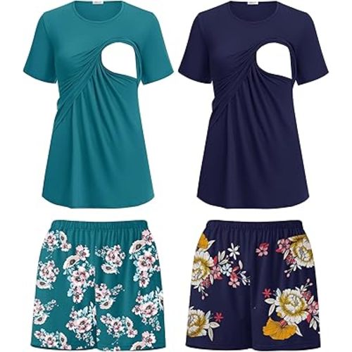 Ekouaer 2 Pack Women's Nursing Pajamas Set Double Layer Maternity Pjs Postpartum Loungewear Set Breastfeeding Tops & Shorts