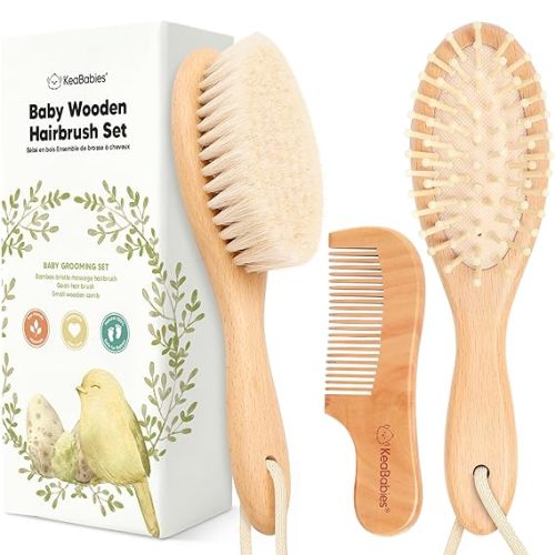 Baby Hair Brush Set for Newborns - Soft Goat Bristle Wooden Baby Brush and Comb Set Newborn Grooming Kit for Cradle Cap, Durable & Gentle, Boy, Girl Infant Essentials Care Kit (Oval, Walnut)