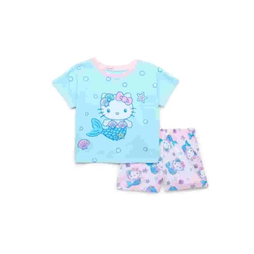 Hello Kitty Little Girls and Big Girls Mermaid Graphic Tee and Shorts Pajama Set, 2-Piece, Sizes 4-12