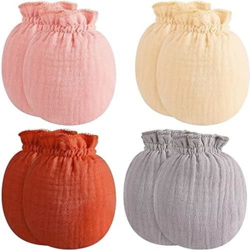 Jecery 4 Pairs Muslin Baby Mittens Newborn No Scratch Cotton Mitts Baby Gloves with Elastic Strap for 0-12 Months Baby Boys Girls