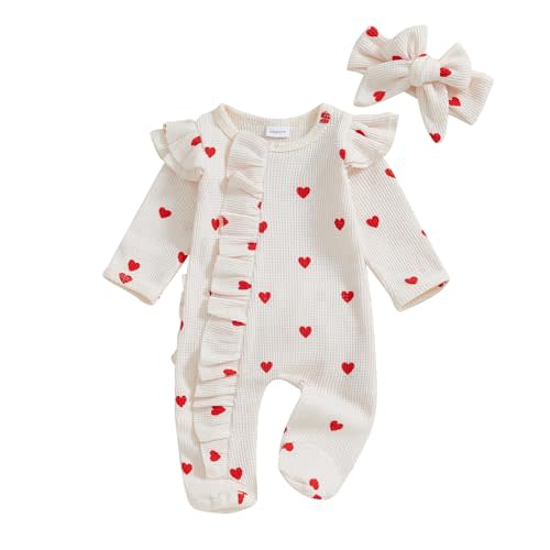 Xiaodriceee Newborn Baby Girl Valentines Outfit Ruffle Heart Print Romper Waffle Jumpsuit Coming Home Outfit