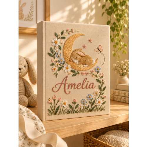 Personalized Baby Photo Album, Embroidered Baby Memory Book, Baby Shower Gift, Bunny Moon Nursery Album, Woodland Animal Linen Keepsake