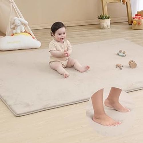 Memory Foam Baby Play Mat for Playpen,Thick&Large Soft Velvet Tummy Time Mat for Kids,Toddlers,Infants,Non Slip for Hardwood Floor Nursery&Playroom(79"×118"×0.8",Beige)