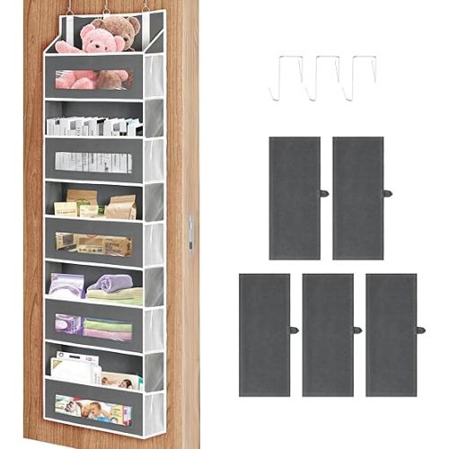 5-Tier Over The Door Storage Organizer with 10 Side Mesh Pockets, 48 lbs Load Capacity, 3 Hooks Design, Door Hanging Organizer with Clear Windows for Bathroom, Bedroom, Nursery, Kitchen-Grey