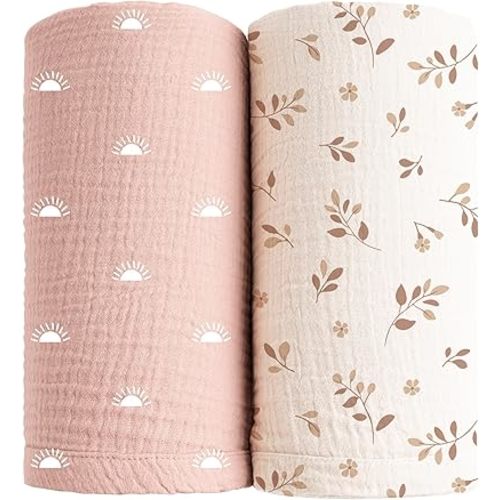 Konssy Muslin Swaddle Blankets for Girls Boys, 2 Pack Receiving Baby Blanket Large 47 x 47 inches, Soft Breathable Swaddling Wrap for Unisex Newborn (Pink Sun,Khaki Leaf)