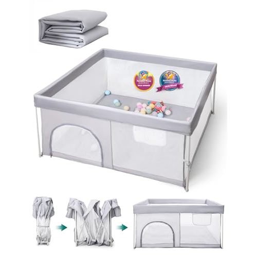 BABELIO Foldable Baby Playpen with Mat, 46" × 46" Portable Playard for Babies and Toddlers, Parents' Picks Awards Winner, Indoor & Outdoor Kids Safety Play Pen Area, Travel Fence, Grey