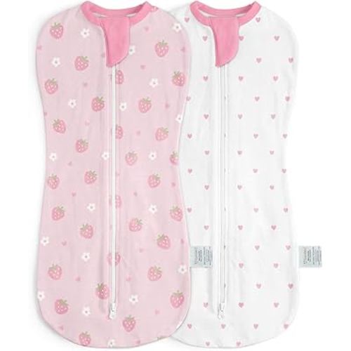Baby Swaddle 0-2 Months, Cotton Arm-In Zipper Sleep Sack, Wearable Blankets Wrap for Newborn Infant Girls (Strawberry, Heart, Pack of 2)