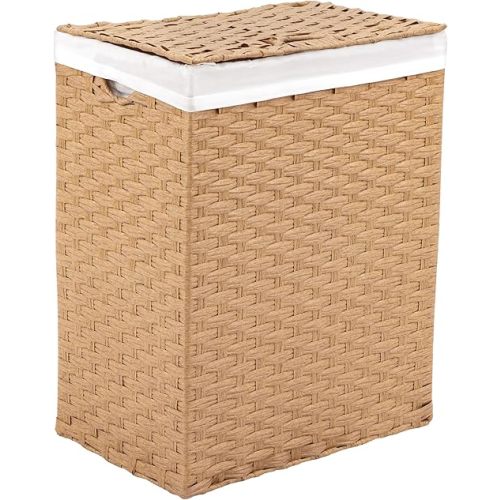 Seville Classics Premium Handwoven Portable Laundry Bin Basket with Carrying Handles, Household Storage for Clothes, Linens, Sheets, Tan, Rectangular Hamper
