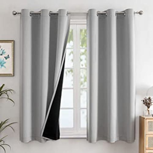 ChrisDowa 100% Blackout Curtains for Bedroom with Black Liner, 2 Thick Layers Total Blackout Thermal Insulated Grommet Window Curtains 63 Inch Length 2 Panels Set (Light Grey, 42 x 63 Inch)