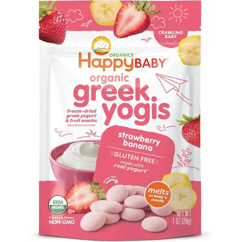 Happy Baby Organics Greek Yogis Freeze-Dried Greek Yogurt and Fruit Snacks, Strawberry Banana, 1 Ounce (Pack of 1) packaging may vary