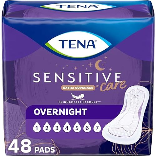 TENA Sensitive Care Incontinence Pads, Bladder Control, Postpartum for Women, Overnight Absorbency, Extra Coverage, 48 Count
