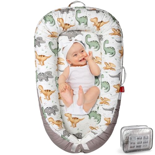BUTOA Baby Lounger - Baby Lounger for Newborn 0-24 Months, Co Sleeping Breathable & Soft Baby Nest, Portable and Lightweight Infant Lounger Newborn Babies Essentials Gifts, Grey Dinosaur