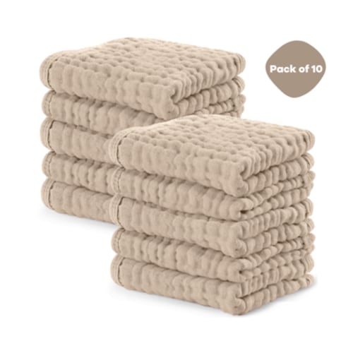 Comfy Cubs Baby Washcloths, Muslin Cotton Baby Towels, Large 10”x10” Wash Cloths (Cream, Pack of 10)