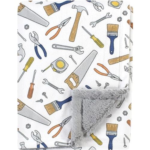 Hudson Baby Unisex Baby Plush Blanket with Furry Binding and Back, Construction Work, One Size