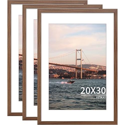 20x30 Picture Frame Brown Set of 3, Display Pictures 16x24 with Mat or 20 x 30 Without Mat, Poster Frames 20x30 for Wall Hanging Horizontal and Vertical