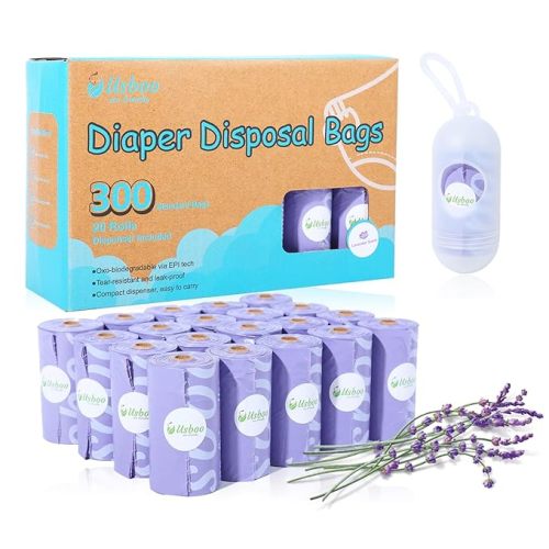 USBOO Disposable Diaper Bags for Baby, 20 Refill Rolls (300 Pack),Baby Poop Bags with Dispenser, Essential for Travel and Quick Change on The Go, Purple and Lavender Scented